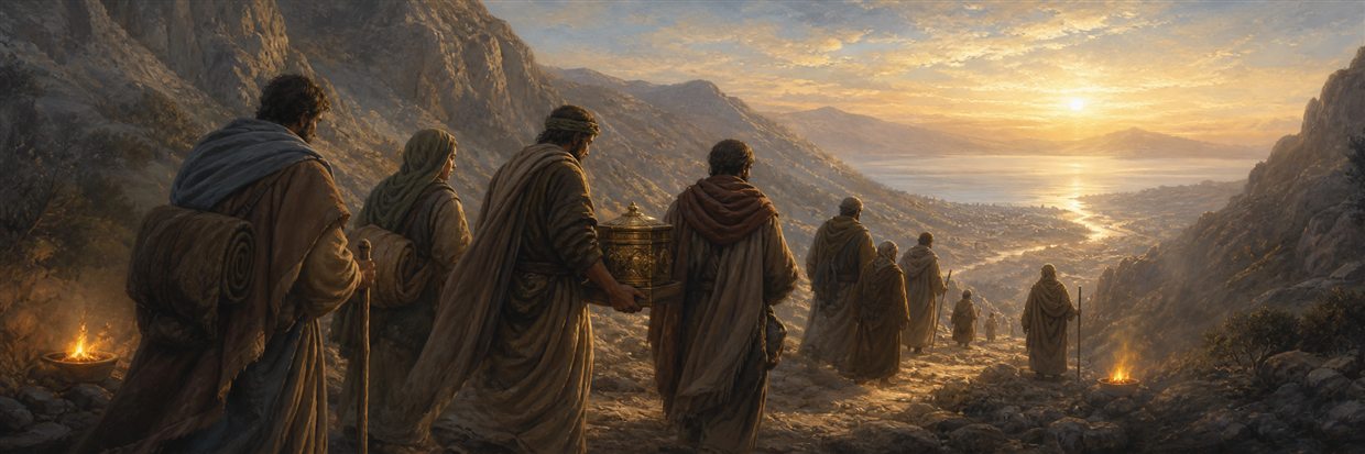 Displaced families journeying toward sunrise beside a carefully tended refining fire